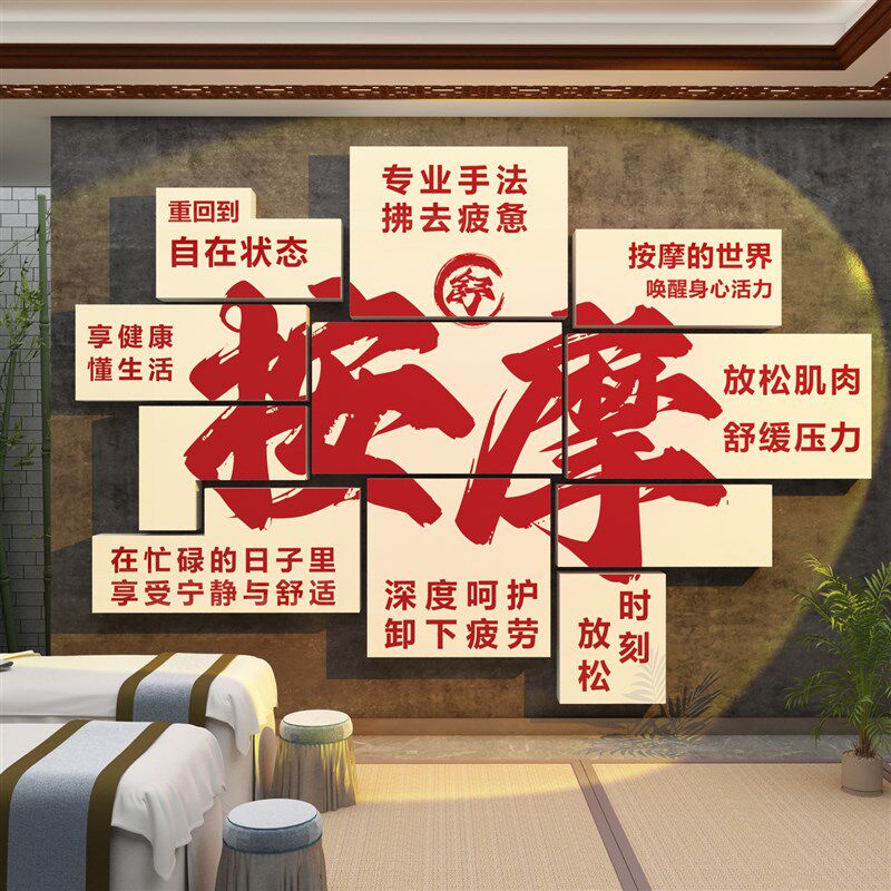 按摩店墙面装饰画推拿形象背景中医养生馆采耳氛围布置贴纸头足疗