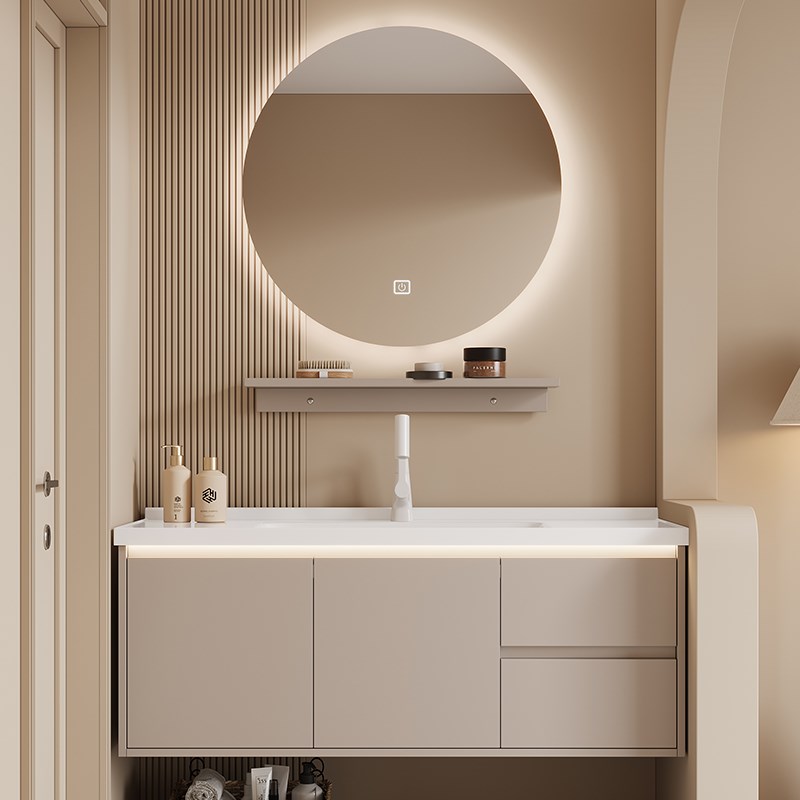 窄体简约智能浴室柜进深一体陶瓷盆小户型洗漱台盆奶油风
