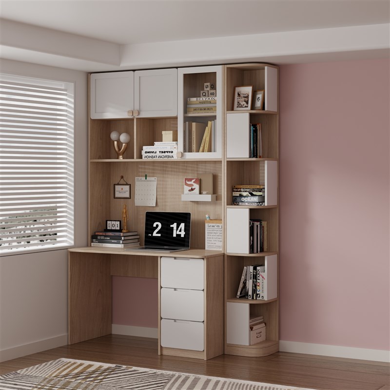 可比熊实木书柜一体到顶整墙书柜定制书桌书架一体柜转角书柜