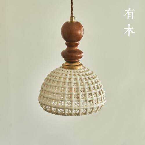 有木中古风吊灯实木陶瓷复古床头灯餐厅餐桌小吊灯