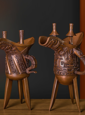 紫铜龙爵凤爵仿古青铜器摆件 酒杯爵杯玄关客厅办公室装饰工艺品