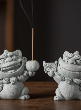中式招财风狮爷香薰炉香插茶宠摆件创意举柿无双石狮子桌面装饰品