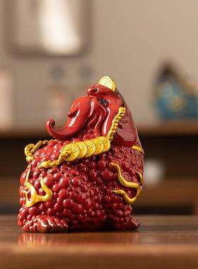 中饰式号红色金蟾大招财摆件家居厅办LWC23815公室陶瓷三足蟾蜍装