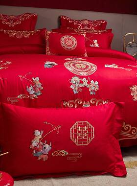 婚庆四件套刺绣大红色床单结婚陪嫁被套纯棉喜被婚床婚礼龙凤E18