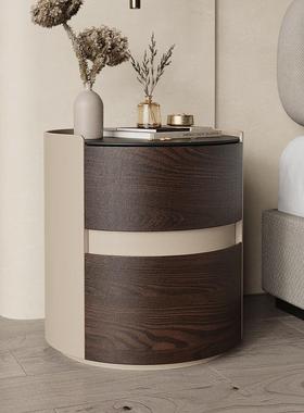 意式极窄简黑色玻璃实39952木圆床头柜轻简奢革约卧室岩板皮床边