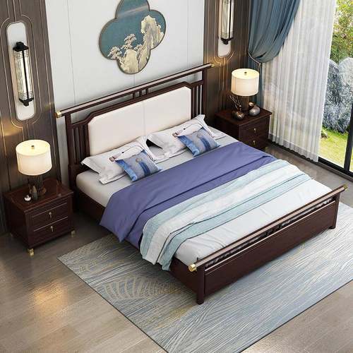 新中式屉床人实木1.5m1.8米双床室现代轻奢卧软靠床气CRM压抽高箱