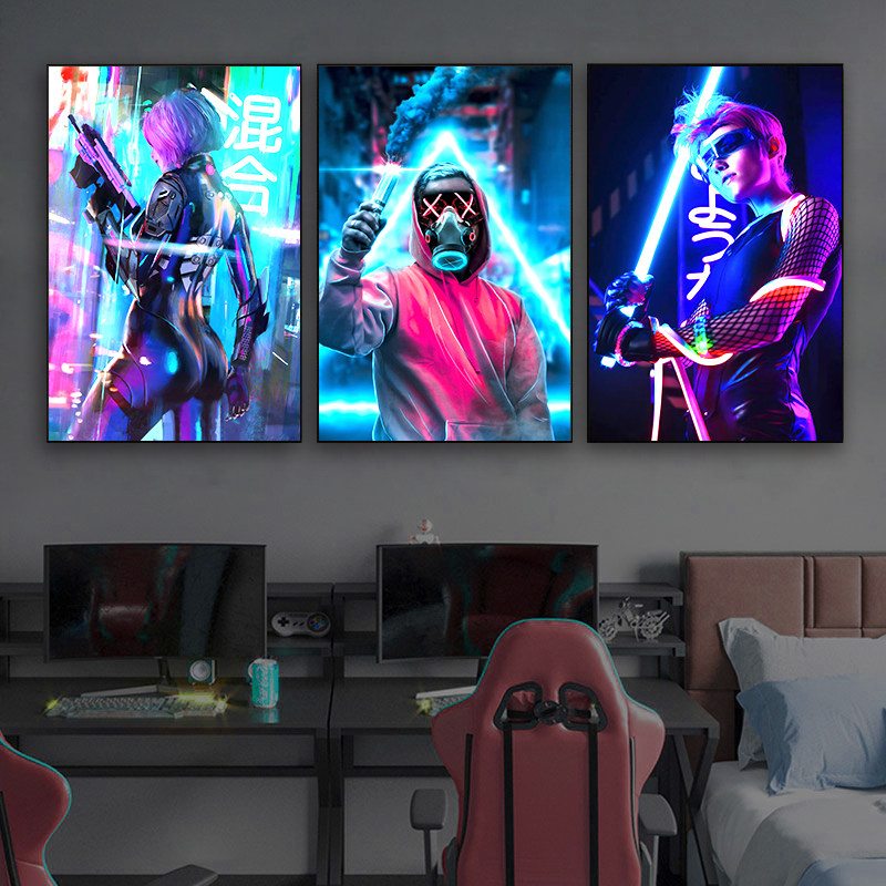 赛博朋克挂画LED发光灯画墙壁画客厅卧室电脑房间电竞酒店装饰画