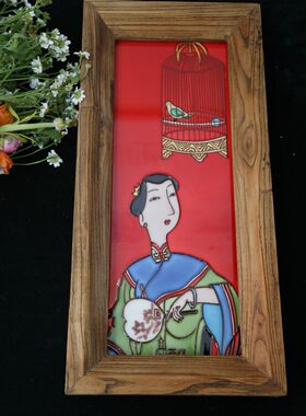 高两河陶瓷立体浮雕瓷板榆木画挂画装饰画竖版玄关过道背景墙摆件