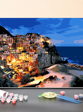 数字油画diy填充地中海街景夜景手工填色画画欧洲建筑丙烯油彩画