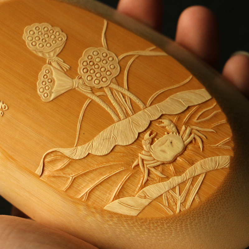 精品名家戚挺飞纯手工留青雕刻船型老玉竹茶则竹雕竹制把玩茶荷