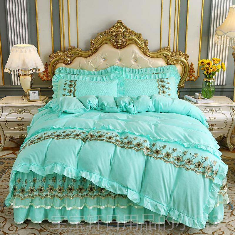 正品欧式夹棉床裙四件套纯棉蕾丝套床罩被床套床加厚保暖秋春款上