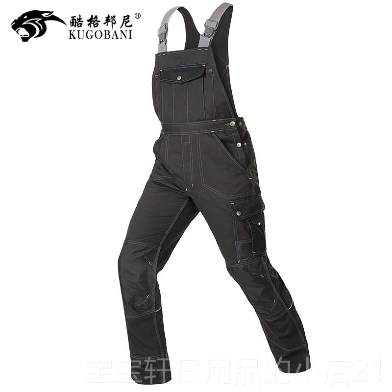 高档工装背带裤男工作服耐磨连体修筒劳保服松宽直吊带反光机条的