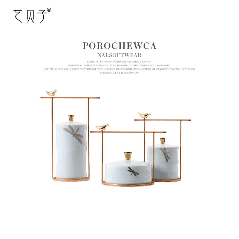 美式新中式青绿色春意蜻蜓小鸟铁艺陶瓷装饰品酒店玄关博古架摆件