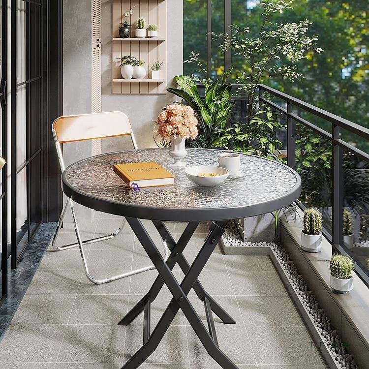 桌DHS子叠出房家用茶餐桌简易饭桌圆桌方桌租网红水纹玻璃阳台折