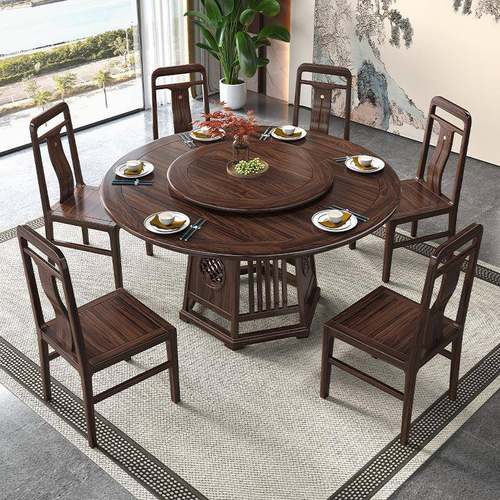 新QBW别中式全实木餐桌桌带转饭桌盘乌金木高档墅圆家用餐厅桌椅