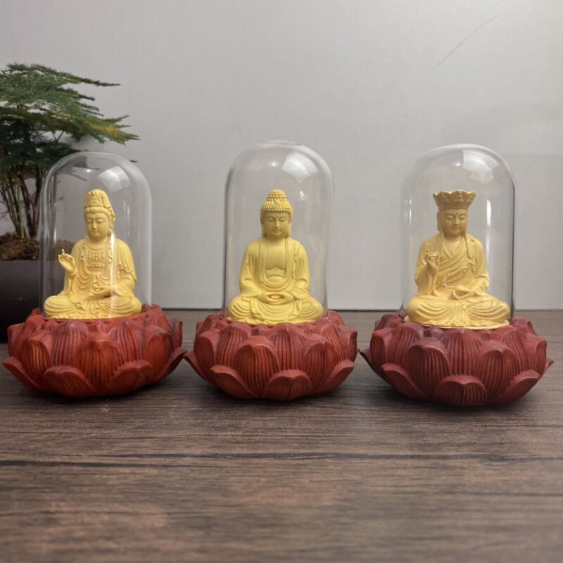 新品上市黄杨木雕刻娑婆三圣摆件居家像摆饰花梨底座车摆车饰
