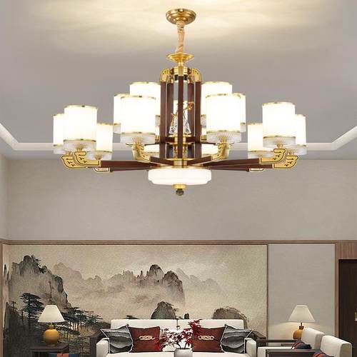 全新中式客厅主灯实木国风大中气WHI别墅厅大厅餐卧室铜吊灯中山