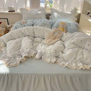 A类母婴级纯棉裸睡双层纱四件套蕾丝花边软糯学生宿舍床裙床单款