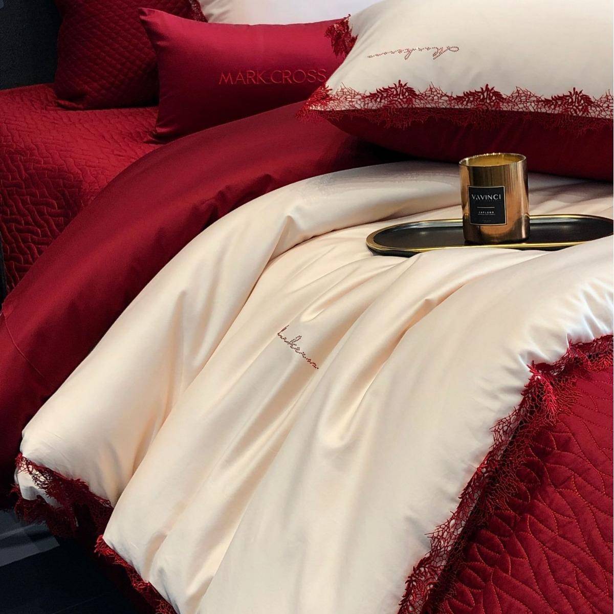 简约巴件CML克风洛长绒棉四套喜庆嫁蕾丝边高端纯棉床上用婚品婚