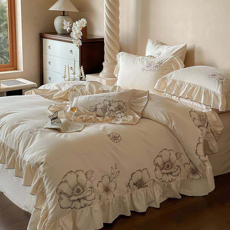 法XIN0式复古1支棉磨毛四件套秋冬季0纯棉刺绣荷叶边被全套床单床