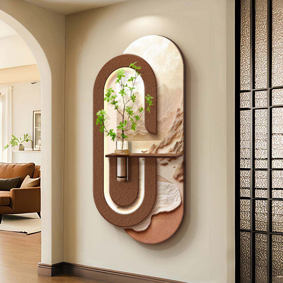 砂岩EMV立体玄关装饰水画培绿植入户门画挂奶油风客厅氛围灯画光