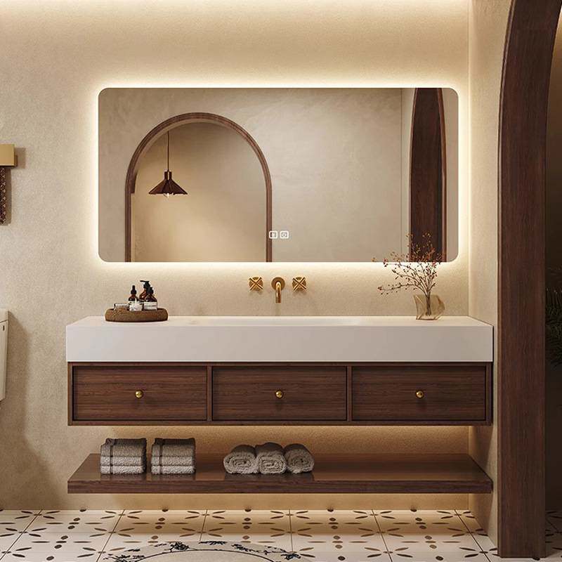 中古风浴室柜组合岩板热弯一体盆洗漱台无缝一体盆洗手洗脸盆镜子