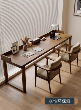 靠墙书桌实木人办长条桌家用美式复学生古双学习桌卧EKT室简约木