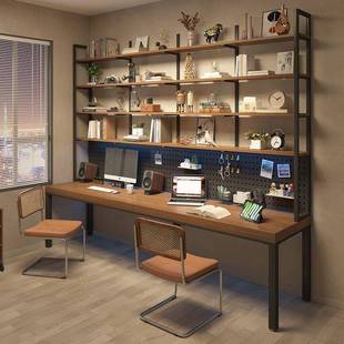 lof实t木519书桌书架一体桌双人稳固长室脑桌简约书房学习电桌卧