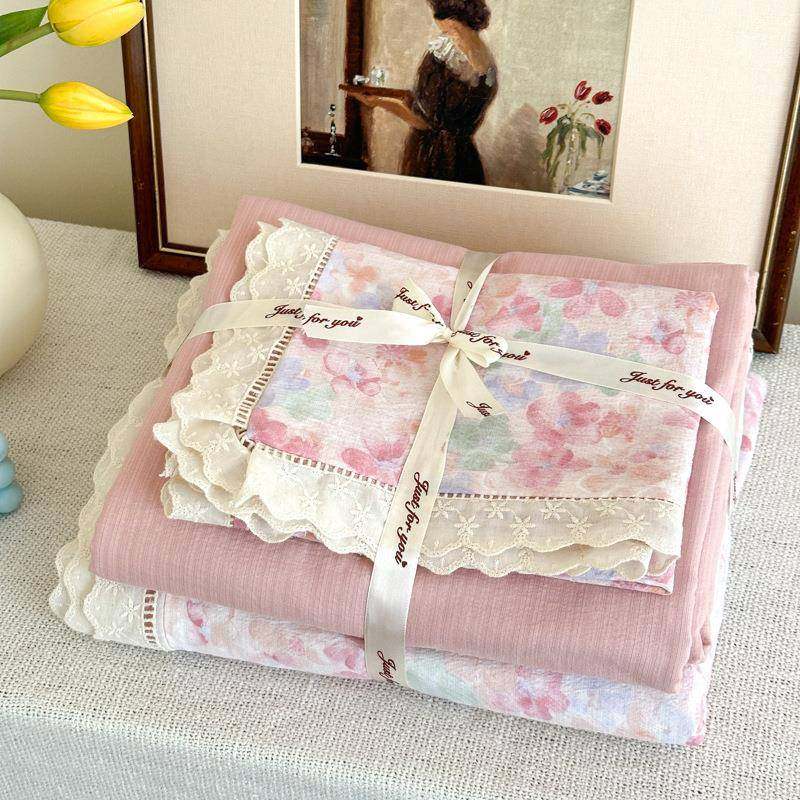 新款云感双层镂花边四MEY件套双人皱皱棉宿舍床单单床笠款三件纱