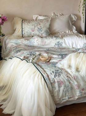 亭台楼阁法式浪尾丝漫绣天棉小众四件套刺复古ZVT中式鱼蕾丝花边