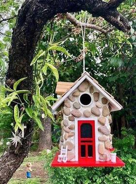 创石20220415头小屋鸟屋装饰挂园艺林花园蜂鸟仿石屋件鸟屋树脂工