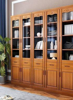 全实中木书THJ柜子橱书架书带玻门现代简约式组合纯木璃落地白色储物