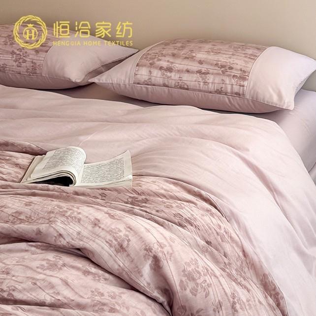 复古风全棉双层纱四件套浪漫植物晕染纯棉被套床单床上用品粉绿色