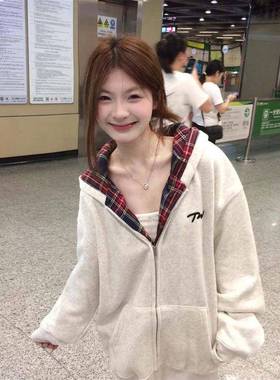 拼卫接格子连外套女0秋风帽冬季225新白灰宽款色松慵TLR懒HLX拉炼