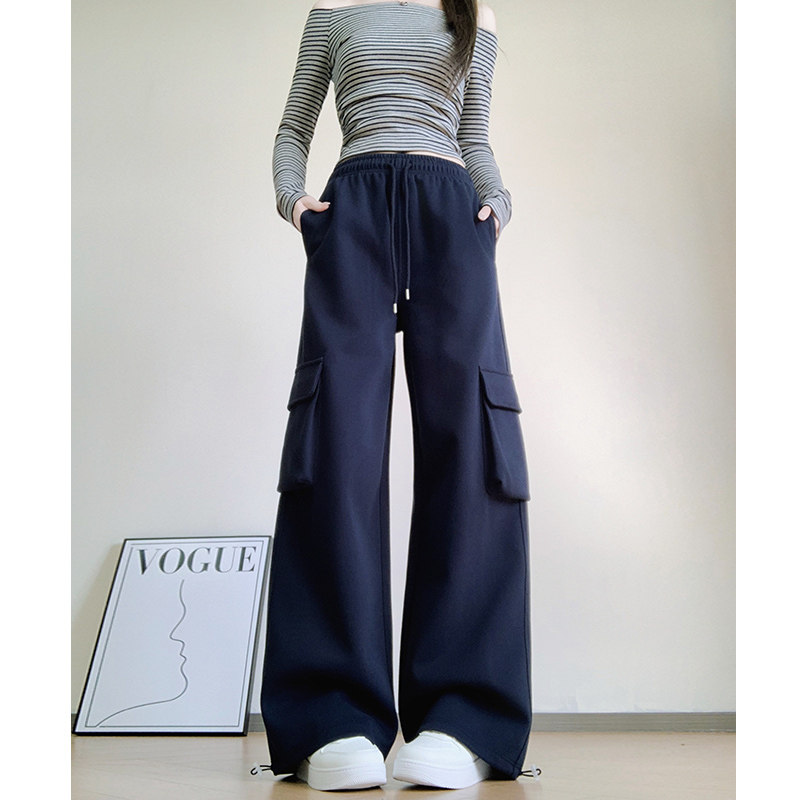 美式工装运动裤女早春秋2026新款高腰阔腿裤小个子休闲直筒卫裤子