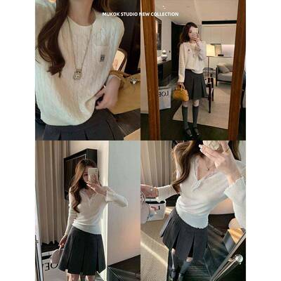 感M雷UK冬O 秋高级格系毛呢半P身K裙高腰学风QZ院百搭百DUN褶裙