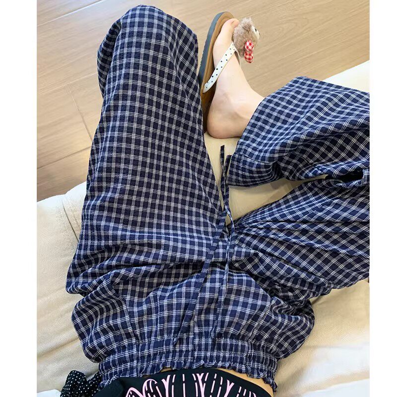 藏青色格子阔腿裤女夏薄款高腰显瘦慵懒风休闲裤小个子遛弯直筒裤