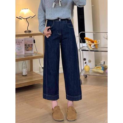 m蓝色阔腿牛仔裤妹女L新AE加绒加厚款秋冬胖妹深IJLm高腰显瘦九分