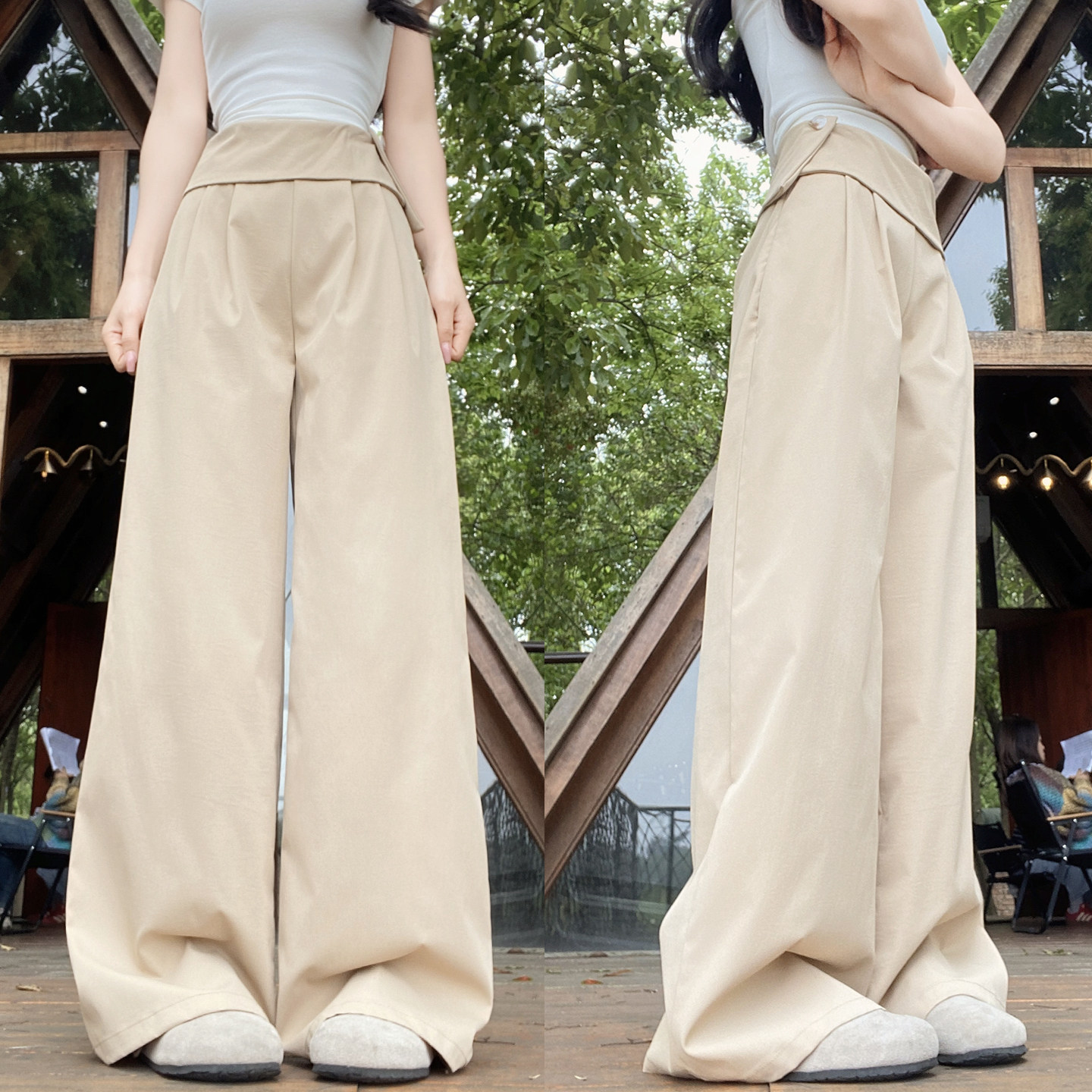 慵懒风裤子设计感卡其色休闲裤女春季高腰显瘦宽松阔腿裤拖地长裤