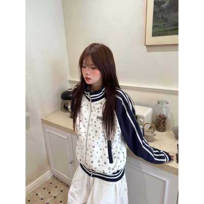 AAWmoeba美J古覆条纹撞色插式风肩CPP院袖星印花宽松学立领夹克外