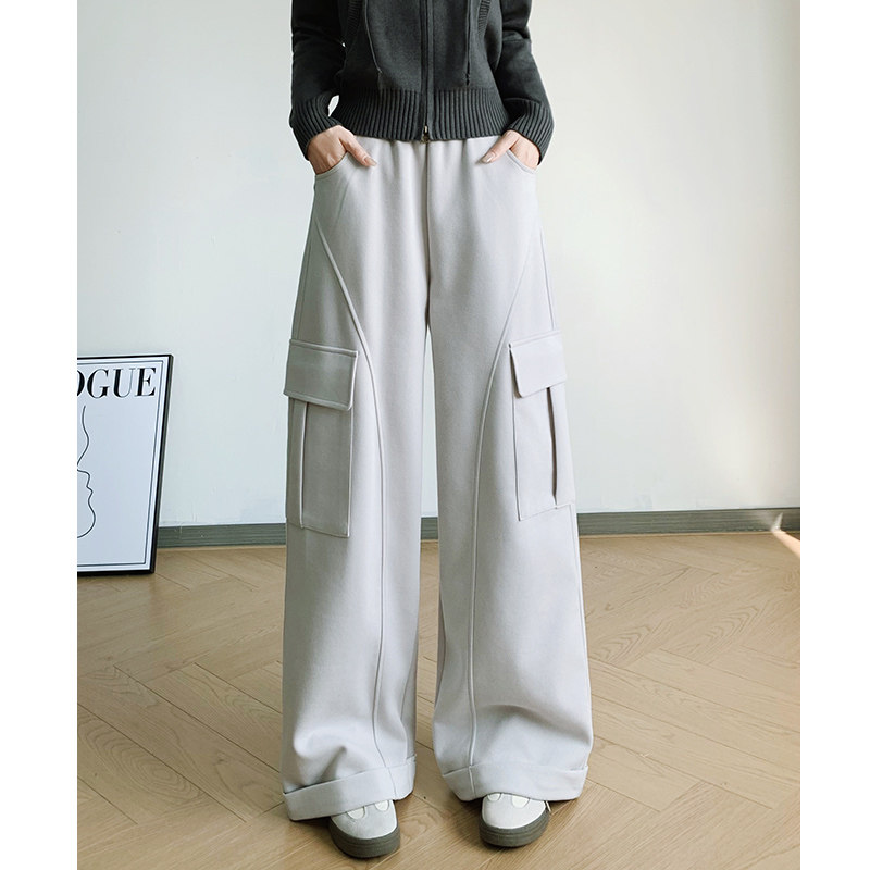 翻边阔腿裤女卫裤2026冬季新款美式高腰直筒酷飒风水泥灰工装裤