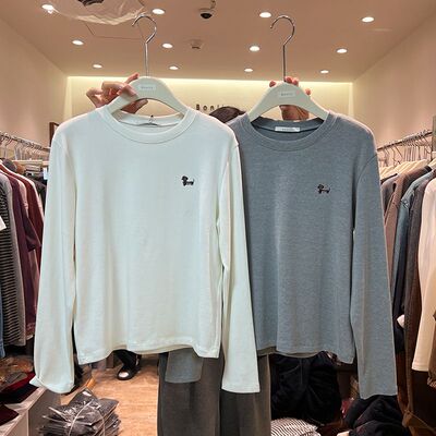 双面磨毛秋冬刺绣小狗宽松百搭韩版打底衫内搭长袖圆领T恤女chic