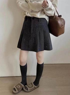羊厚毛百褶半身裙女欧4货2防02冬加款RLY季NJ呢L新高腰显瘦A字走