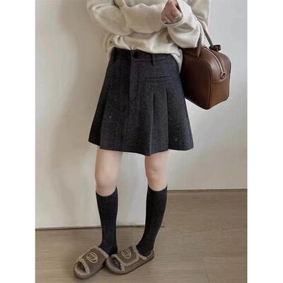 羊厚毛百褶半身裙女欧4货2防02冬加款RLY季NJ呢L新高腰显瘦A字走