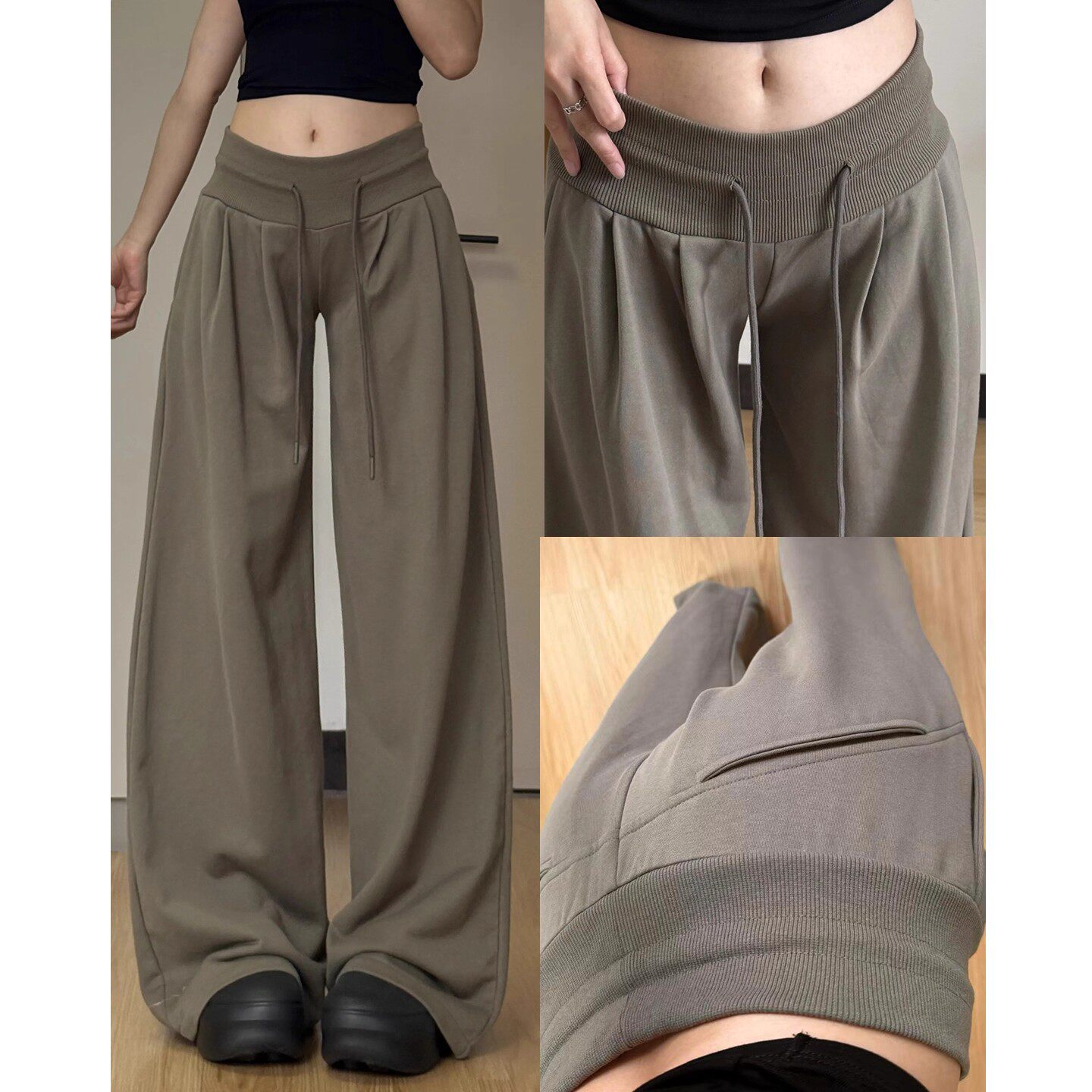 军绿色美式运动阔腿裤女春秋2025新款休闲垂感宽松直筒慵懒风卫裤
