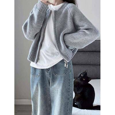 蓝色拉毛7594Q衣外7594Q女针织开衫学国潮牌秋冬通外链上衣穿勤套