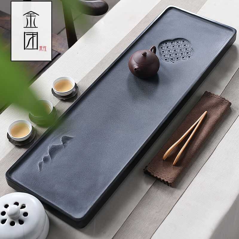乌金石茶盘整块石头茶台长方形简约大号天然石材排水功夫托盘定制