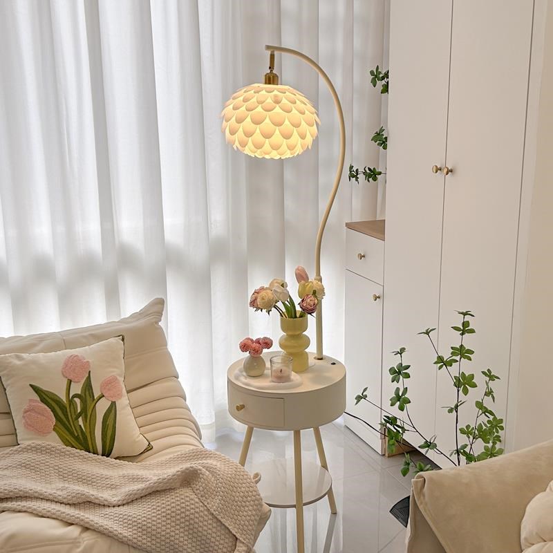奶油风卧室置物落地灯床头柜一体台灯客厅沙发旁边几角落氛围立灯