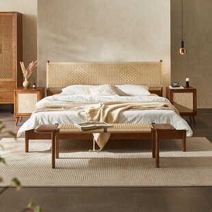 东南亚风格实木床1.8米藤编双人床酒店民宿藤艺家具设计师款藤床