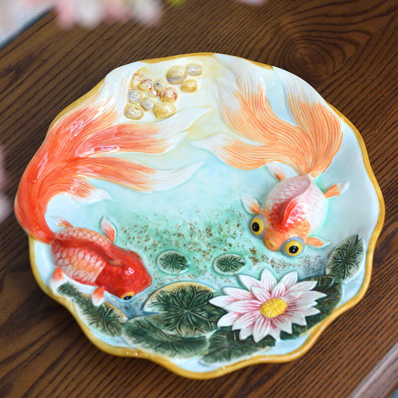 陶瓷金鱼圆形大果盘锦鲤大号装饰盘面包点心饼干糖果水果盘直径28